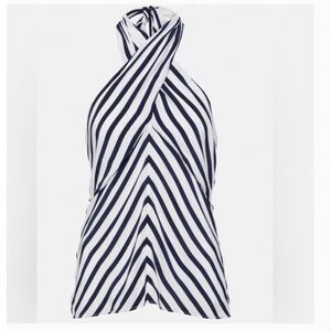 STAUD Dawn Tie-Neck‎ Striped Crossover Halter Top Large Navy White Sleeveless